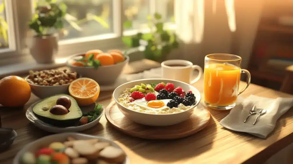 What is the Healthiest Breakfast You Can Eat? 4 Healthy breakfast with oatmeal, fresh fruit, avocado, orange juice, and nuts served on a wooden table, in a bright and cozy kitchen setting.
