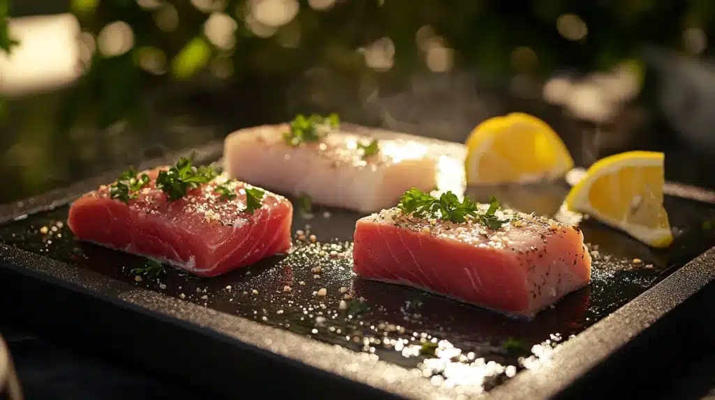 How to Cook Fish on the Blackstone Griddle: A Complete Guide 3 How to cook fish on the Blackstone griddle: A realistic scene of a Blackstone griddle cooking tuna, halibut, and mahi-mahi fillets with lemon wedges and parsley garnish.