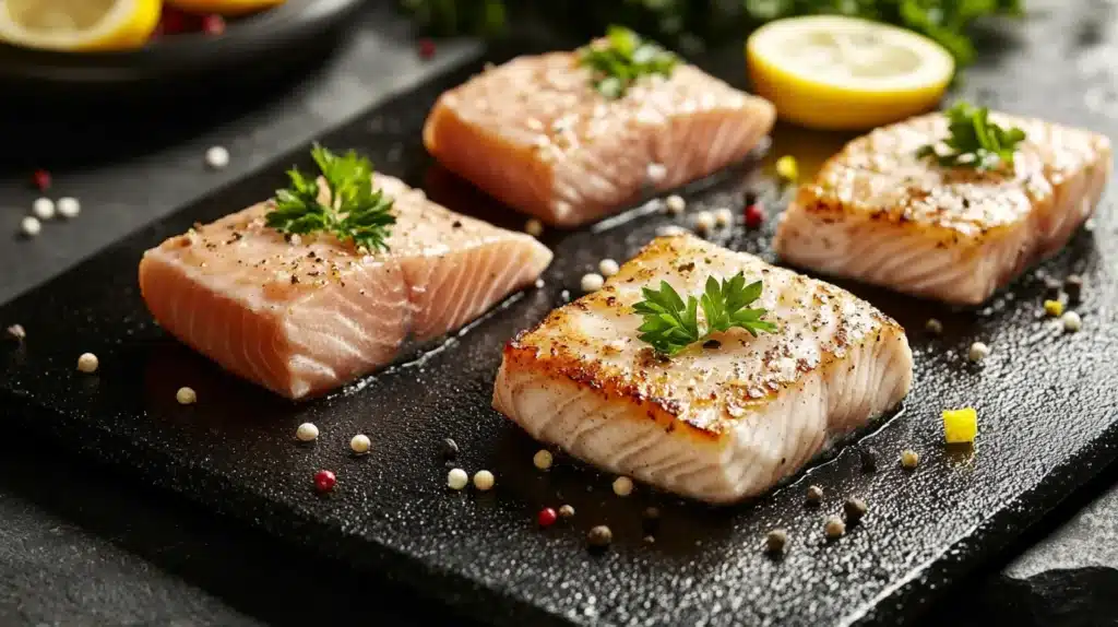 How to Cook Fish on the Blackstone Griddle: A Complete Guide 2 How to cook fish on the Blackstone griddle: A realistic scene of a Blackstone griddle cooking tuna, halibut, and mahi-mahi fillets with lemon wedges and parsley garnish.