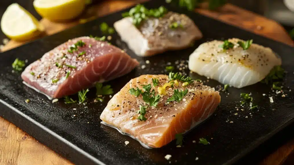 How to Cook Fish on the Blackstone Griddle: A Complete Guide 4 How to cook fish on the Blackstone griddle: A realistic scene of a Blackstone griddle cooking tuna, halibut, and mahi-mahi fillets with lemon wedges and parsley garnish.