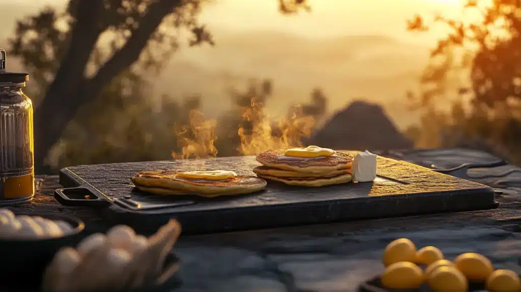 Is Butter Good for Blackstone Griddles? 2 Is butter good for Blackstone: Golden pancakes sizzling on a Blackstone griddle with melting butter, set against a stunning outdoor sunrise with fresh eggs and honey.