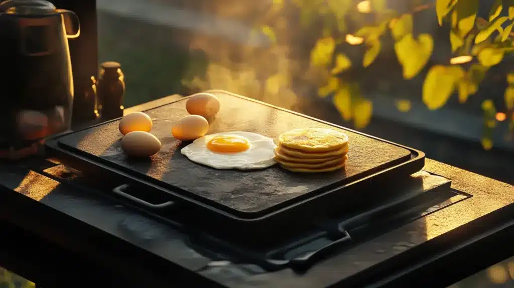 Is Butter Good for Blackstone Griddles? 3 Is butter good for Blackstone: A Blackstone griddle outdoors with a stack of golden pancakes, a sunny-side-up egg, and fresh eggs cooking in the warm morning light.
