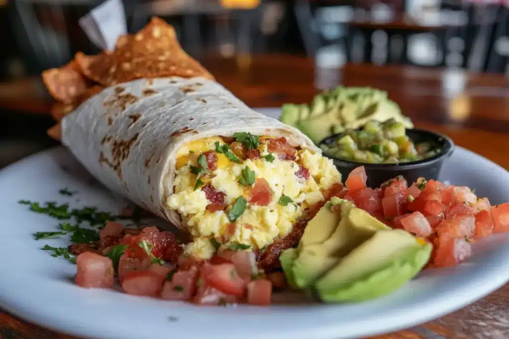 Breakfast Burrito Calories: A Complete Nutrition Guide 4 A delicious breakfast burrito filled with scrambled eggs, bacon, and fresh toppings, served with avocado and salsa. Learn about breakfast burrito calories and nutrition