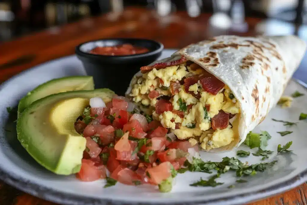 Breakfast Burrito Calories: A Complete Nutrition Guide 3 A freshly grilled breakfast burrito filled with scrambled eggs, crispy bacon, and cheese, served with avocado slices, salsa, and cilantro. Learn about breakfast burrito calories and nutrition facts