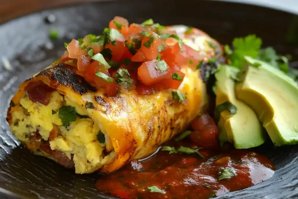 Breakfast Burrito Calories: A Complete Nutrition Guide 2 A cheesy grilled breakfast burrito filled with scrambled eggs, bacon, and fresh toppings, served with avocado and salsa. Learn about breakfast burrito calories and nutrition