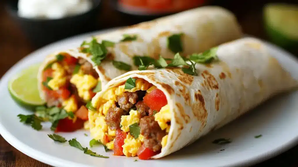Good Times Breakfast Burrito Calories: Shocking Facts 3 Good Times breakfast burrito calories: A close-up of two breakfast burritos filled with scrambled eggs, sausage, cheese, and diced red peppers on a white plate garnished with cilantro. Sides of salsa, sour cream, avocado, and lime wedges are in the background.