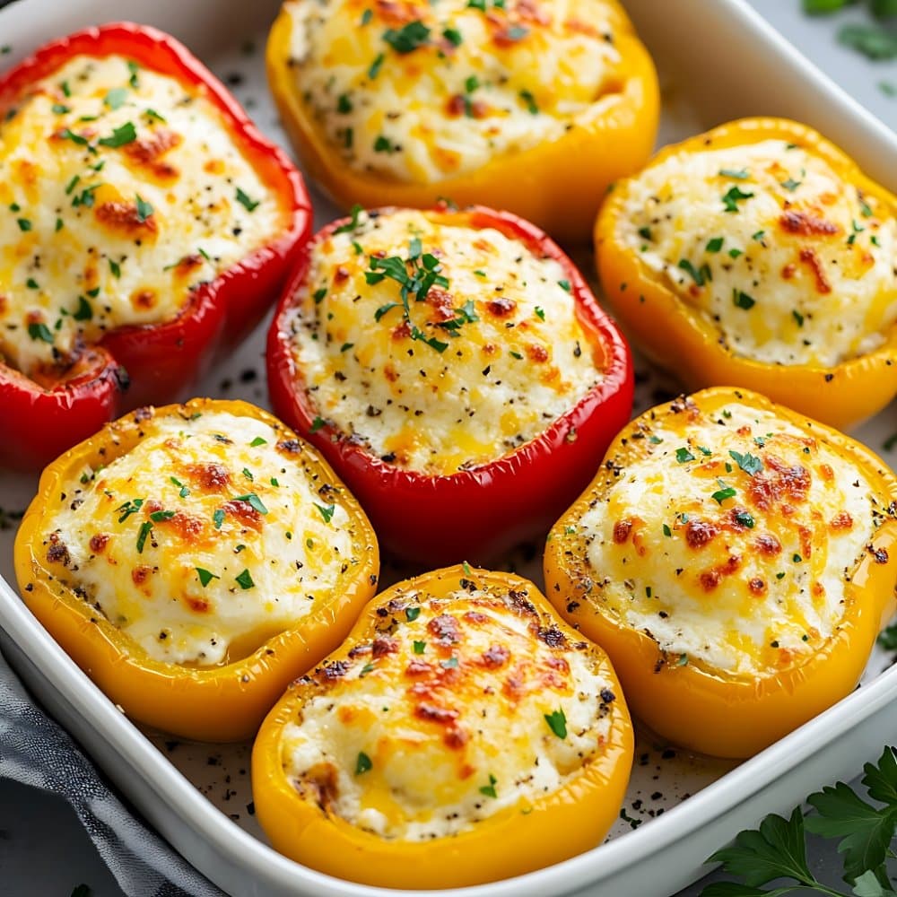 10 Irresistible Cottage Cheese Lunch Recipes 2 Close-up of baked stuffed bell peppers filled with cottage cheese and herbs, garnished with melted cheese and parsley