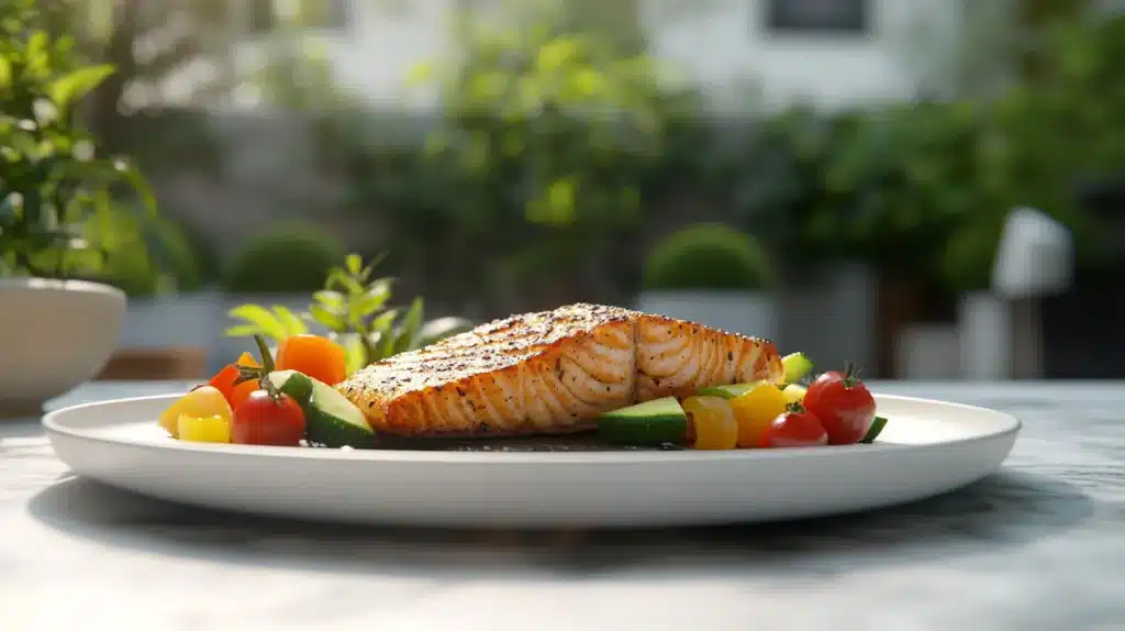 Is Cooking on a Blackstone Healthy? 3 Is cooking on a Blackstone healthy? A perfectly grilled salmon fillet with fresh cherry tomatoes, zucchini, and yellow bell peppers, plated on a clean white plate. A nutritious, low-oil meal prepared on a Blackstone griddle