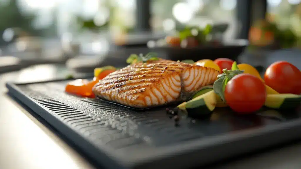 Is Cooking on a Blackstone Healthy? 2 Is cooking on a Blackstone healthy? A perfectly grilled salmon fillet with fresh zucchini, cherry tomatoes, and bell peppers on a Blackstone griddle. A nutritious, low-oil meal showcasing healthy outdoor cooking.