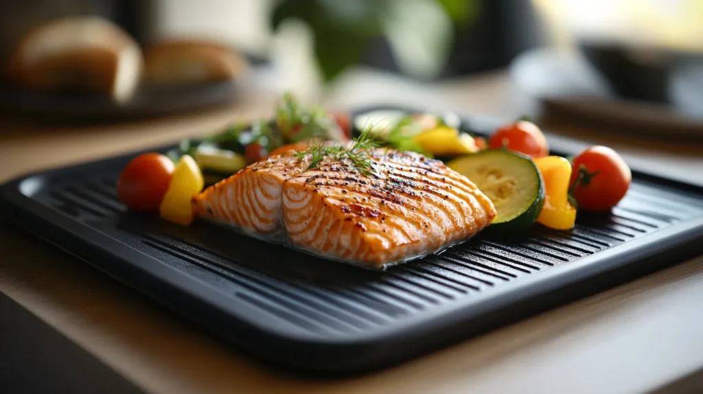 Is Cooking on a Blackstone Healthy? 4 Is cooking on a Blackstone healthy? A grilled salmon fillet with vibrant cherry tomatoes, zucchini, and yellow bell peppers on a Blackstone griddle. A nutritious, low-oil meal ideal for a balanced diet and outdoor cooking