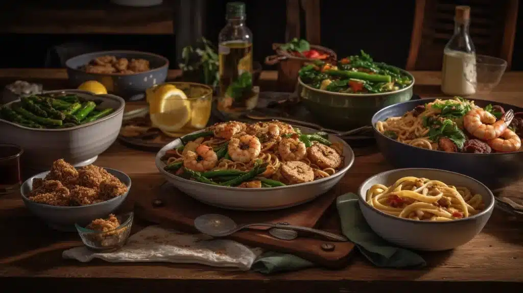 12 Quick and Easy Dinner Ideas to Try Tonight 3 easy dinner ideas: A beautifully arranged dinner table with a variety of quick and easy meals, including shrimp pasta, roasted asparagus, crispy breaded bites, and fresh vegetable bowls. The rustic wooden setting and warm lighting create a cozy dining experience