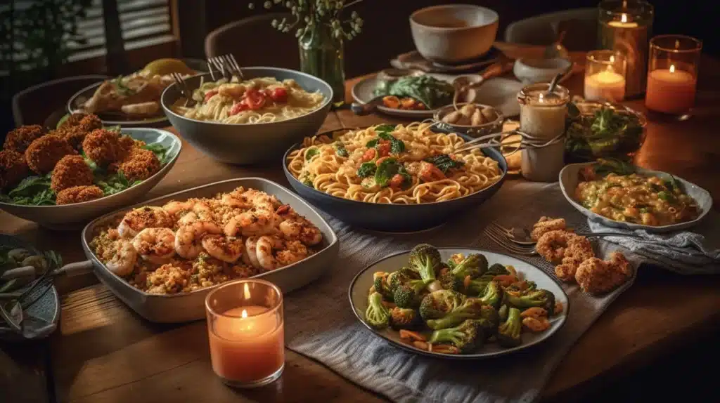 12 Quick and Easy Dinner Ideas to Try Tonight 2 easy dinner ideas: A cozy dinner spread featuring a variety of quick and easy meals, including lemon chicken pasta, sheet-pan shrimp with asparagus, roasted Brussels sprouts, and creamy fettuccine. The rustic wooden table is decorated with candles, creating a warm and inviting atmosphere.