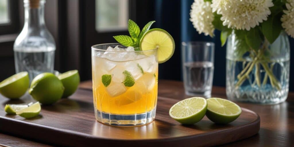Refreshing Hugo Spritz Mocktail – Perfect for Breakfast 2 A refreshing Hugo Spritz mocktail in a short glass, garnished with fresh mint and lime, set on a wooden tray with limes and flowers in the background.