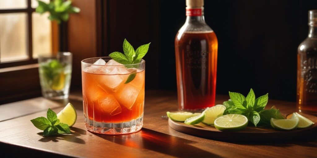 Refreshing Hugo Spritz Mocktail – Perfect for Breakfast 3 A vibrant Hugo Spritz mocktail in a short glass, garnished with fresh mint and lime, placed on a wooden table with bottles and lime slices in the background.