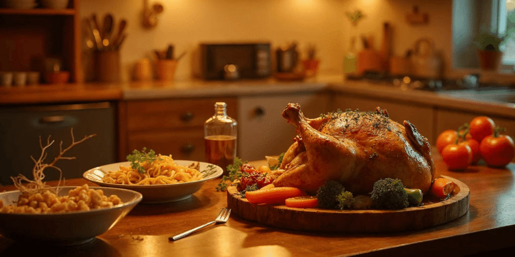 The Best Dinner Ideas for Busy Weeknights: Quick, Simple 2 A beautifully roasted whole chicken surrounded by fresh vegetables, pasta, and side dishes in a cozy kitchen setting, perfect for a family dinner.