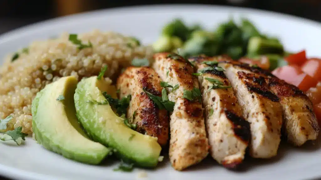 The Ultimate Guide to a Healthy Balanced Lunch 2 Healthy balanced lunch featuring grilled chicken breast, quinoa, avocado, and fresh vegetables on a white plate.