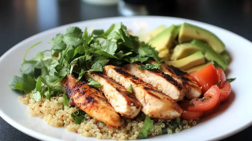 The Ultimate Guide to a Healthy Balanced Lunch 3 Healthy balanced lunch with grilled chicken breast, quinoa, avocado, fresh tomatoes, and leafy greens on a white plate.