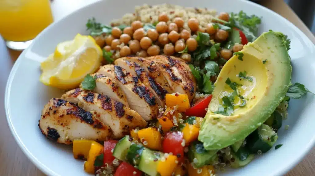 The Ultimate Guide to a Healthy Balanced Lunch 4 Healthy balanced lunch with grilled chicken breast, quinoa, chickpeas, avocado, and fresh vegetables on a white plate.