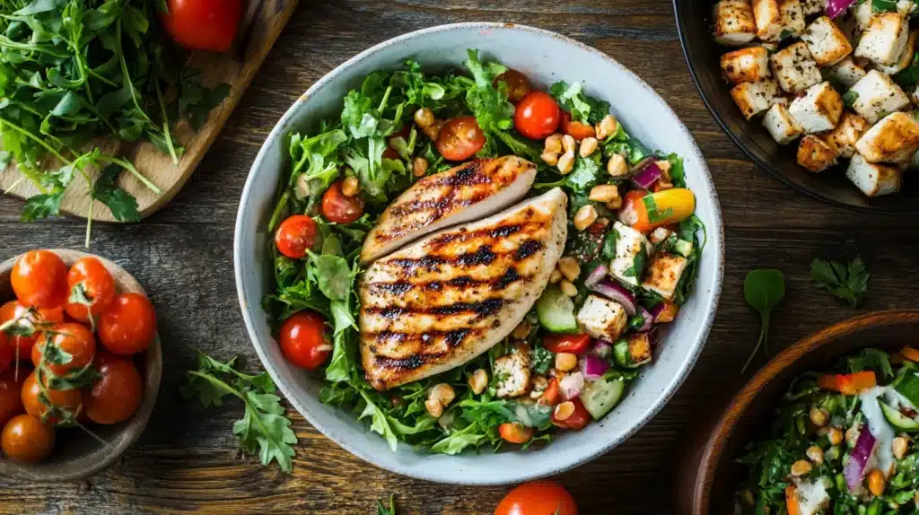 The Best Lunch Ideas for Busy Weeknights Quick & Irresistible 3 The Best Lunch Ideas for Busy Weeknights: A healthy lunch setup featuring grilled chicken breast, fresh vegetable salad, and a bowl of tofu stir-fry on a wooden table with vibrant ingredients.