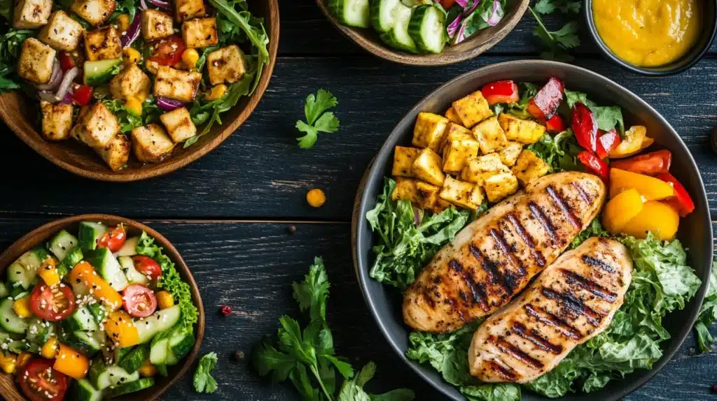 The Best Lunch Ideas for Busy Weeknights Quick & Irresistible 2 The Best Lunch Ideas for Busy Weeknights: A healthy lunch setup featuring grilled chicken breast, fresh vegetable salad, and a bowl of tofu stir-fry on a wooden table with vibrant ingredients.