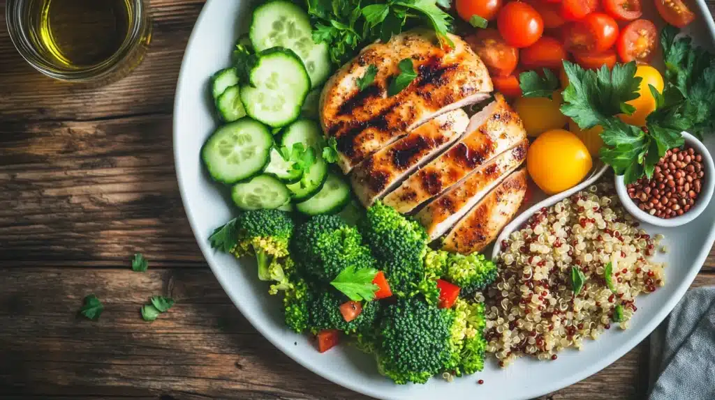 Healthy Lunch Near You – Best Nutritious Meal Options 2 A nutritious and balanced healthy lunch near plate featuring grilled chicken breast, quinoa salad, fresh cucumbers, cherry tomatoes, and steamed broccoli, served on a white plate with a side of olive oil dressing