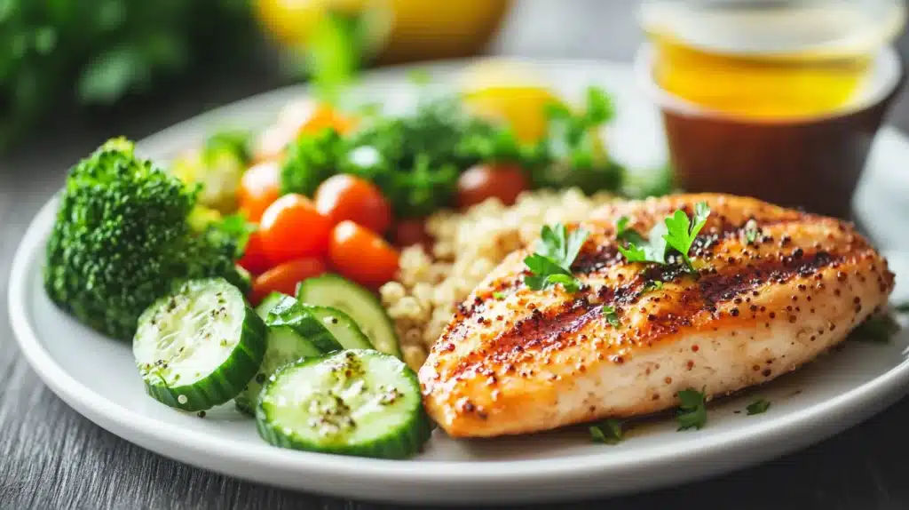 Healthy Lunch Near You – Best Nutritious Meal Options 3 A nutritious and balanced healthy lunch near plate featuring grilled chicken breast, quinoa salad, fresh cucumbers, cherry tomatoes, and steamed broccoli, served on a white plate with a side of olive oil dressing.