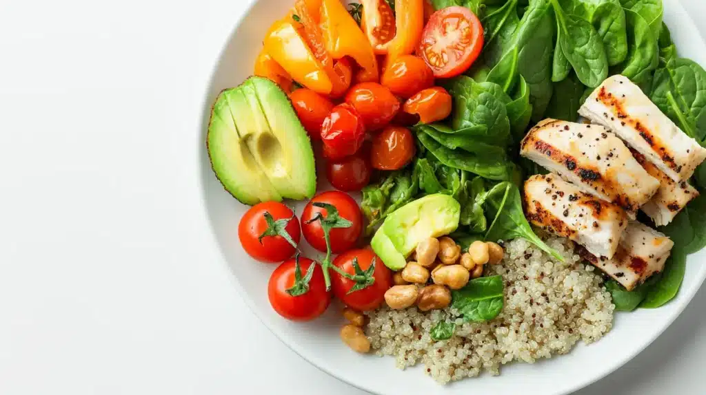 What Is a Healthy Lunch Plate? | Best Balanced Meal Guide 4 What is a healthy lunch plate: A healthy lunch plate with grilled chicken, quinoa, fresh spinach, cherry tomatoes, avocado, and roasted chickpeas on a clean white plate.