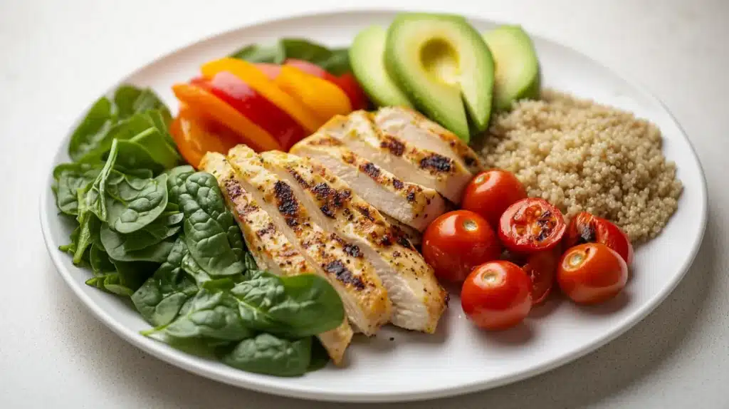 What Is a Healthy Lunch Plate? | Best Balanced Meal Guide 3 What is a healthy lunch plate: A healthy lunch plate with grilled chicken, quinoa, fresh spinach, cherry tomatoes, avocado slices, and colorful bell peppers on a clean white plate.