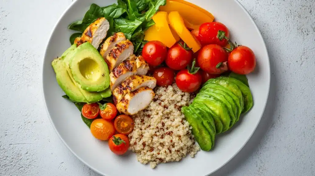 What Is a Healthy Lunch Plate? | Best Balanced Meal Guide 2 What is a healthy lunch plate: A healthy lunch plate with grilled chicken, quinoa, fresh spinach, cherry tomatoes, avocado slices, and yellow bell peppers on a clean white plate.