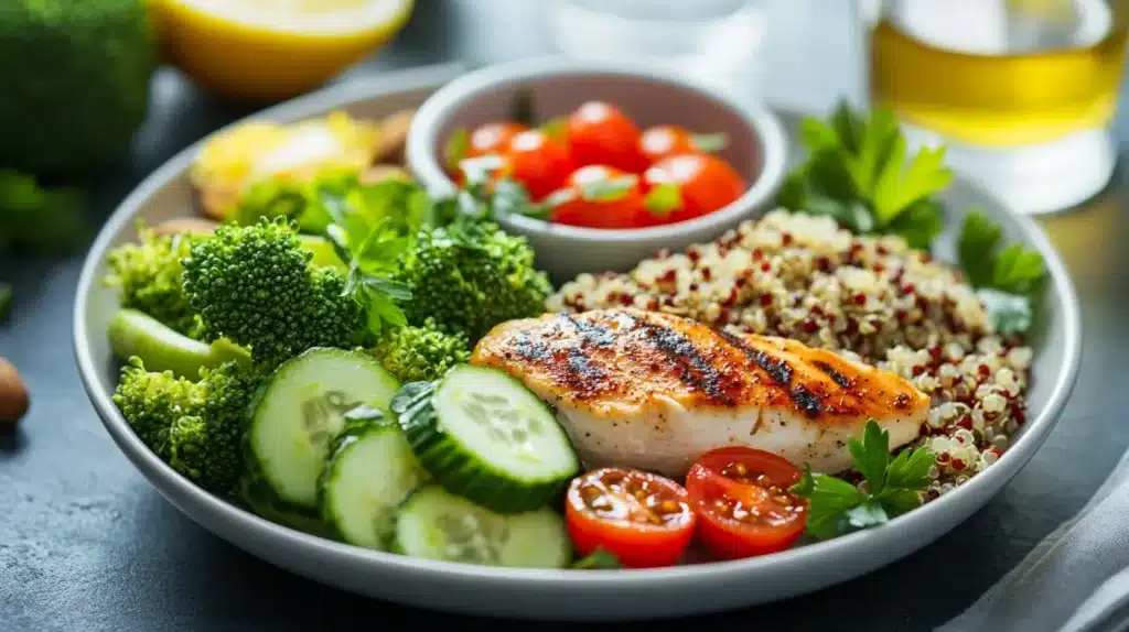 Healthy Lunch Near You – Best Nutritious Meal Options 4 A nutritious and balanced healthy lunch near plate featuring grilled chicken breast, quinoa salad, fresh cucumbers, cherry tomatoes, and steamed broccoli, served on a white plate with a side of olive oil dressing