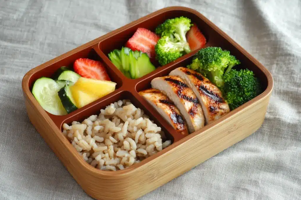 What’s a Healthy Packed Lunch? Tips, Ideas, and Recipes 2 "Healthy packed lunch in a bamboo bento box with grilled chicken, brown rice, broccoli, fresh strawberries, and peach slices."