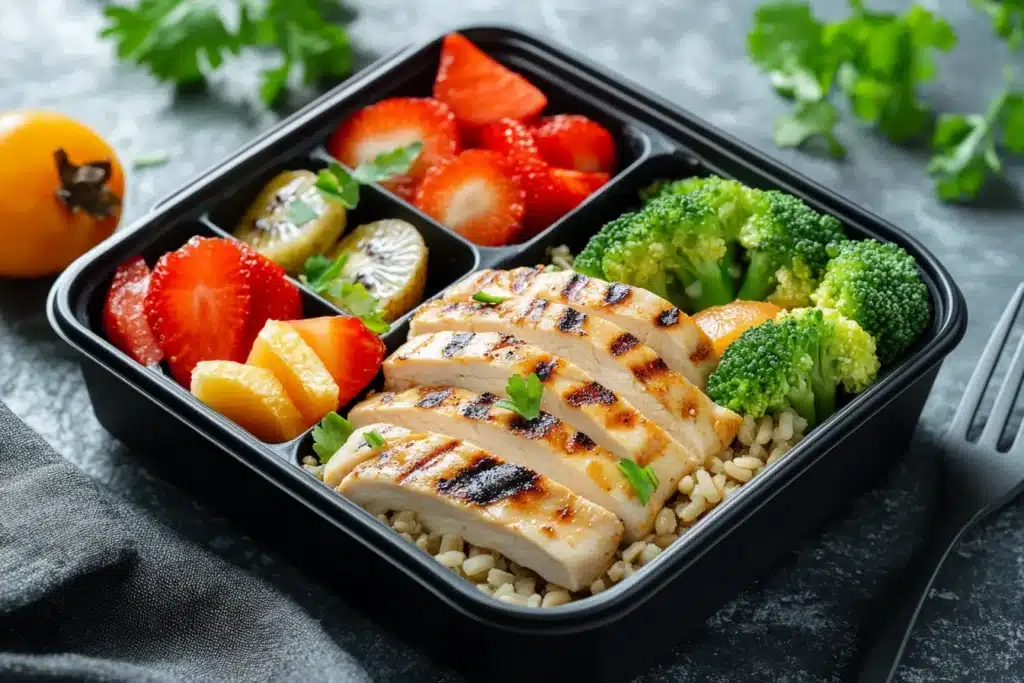 What’s a Healthy Packed Lunch? Tips, Ideas, and Recipes 3 "Healthy packed lunch in a black bento box with grilled chicken, brown rice, fresh broccoli, kiwi, strawberries, and persimmon slices."