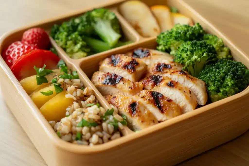 What’s a Healthy Packed Lunch? Tips, Ideas, and Recipes 4 "Healthy packed lunch in a wooden bento box with grilled chicken, brown rice, fresh vegetables, and sliced fruits."