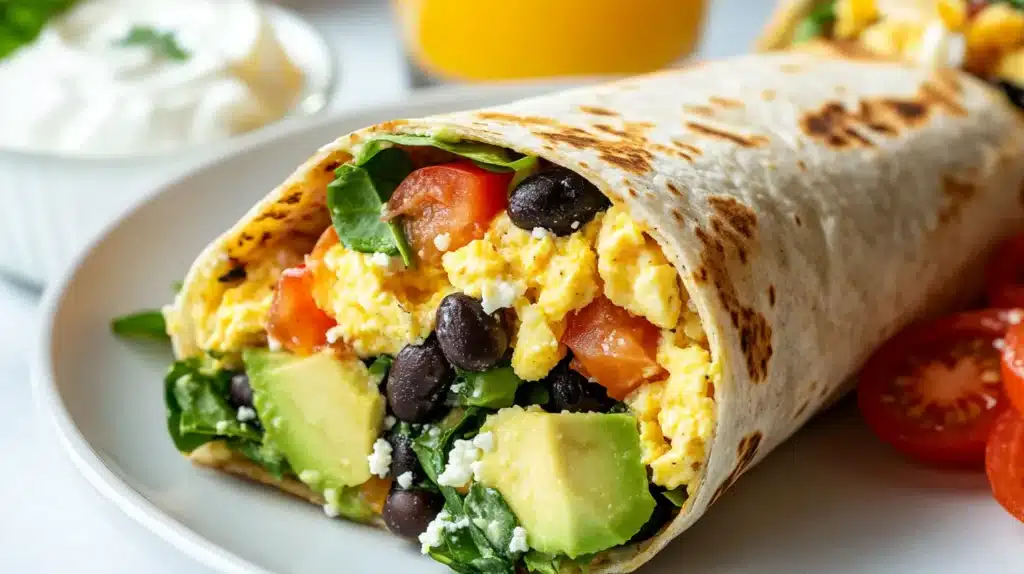 Nutritious Breakfast Burritos: Easy & Healthy Recipes 2 Nutritious Breakfast Burritos: A close-up of a nutritious breakfast burrito filled with scrambled eggs, black beans, avocado, fresh spinach, and tomatoes, served on a white plate with a side of cherry tomatoes and Greek yogurt."