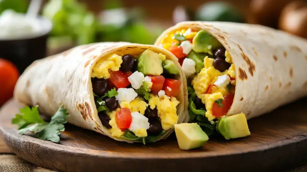 Nutritious Breakfast Burritos: Easy & Healthy Recipes 3 Nutritious Breakfast Burritos: A close-up of a nutritious breakfast burrito cut in half, filled with scrambled eggs, black beans, diced avocado, fresh tomatoes, and feta cheese, served on a wooden board with fresh cilantro and extra avocado pieces