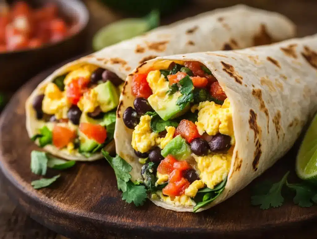 Breakfast Burritos: 5 Healthy & Delicious Recipes 2 Nutritious breakfast burritos with eggs, avocado, black beans, and spinach on a wooden plate, served with salsa and lime wedges.