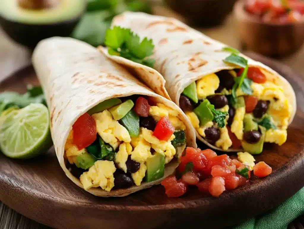 Breakfast Burritos: 5 Healthy & Delicious Recipes 3 Nutritious breakfast burritos with eggs, avocado, black beans, and spinach on a wooden plate, served with salsa and lime wedges.