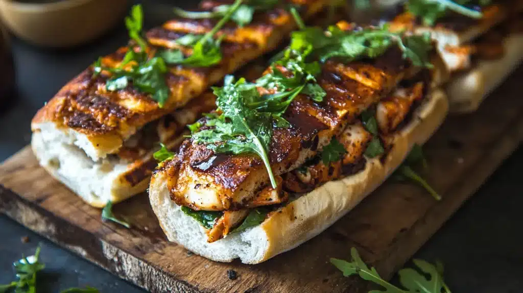 Quick Lunch Ideas for Busy Days🥗 4 quick lunch ideas: A grilled chicken sandwich served on a fresh baguette, topped with arugula and drizzled with a dark glaze. The sandwich has a golden-brown crust and is placed on a rustic wooden board, making for a flavorful and visually appealing meal.