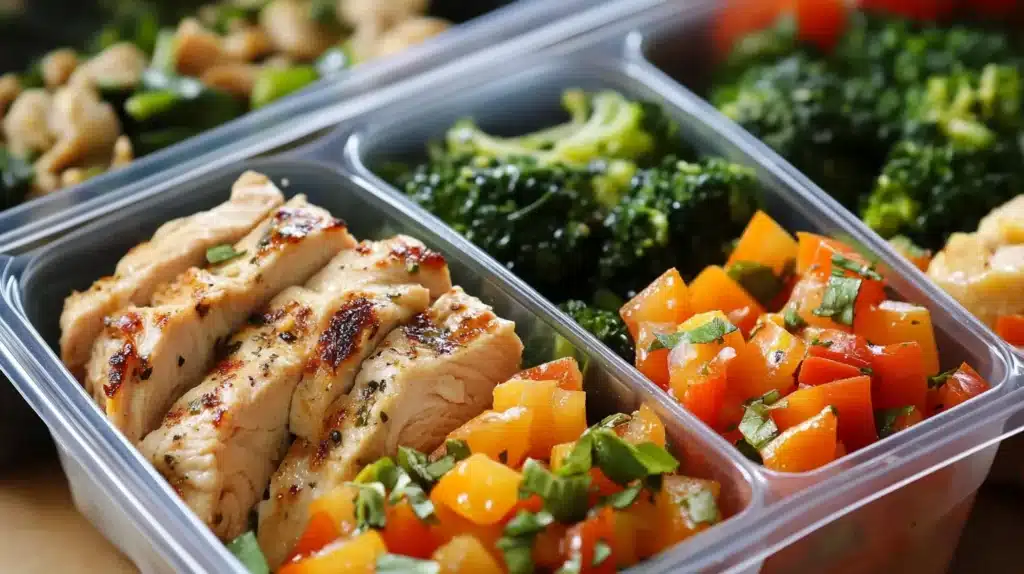 Quick Lunch Ideas for Busy Days🥗 2 quick lunch ideas: A meal prep container filled with sliced grilled chicken, diced bell peppers with fresh herbs, and steamed broccoli. The meal is neatly arranged in a plastic container, showcasing a healthy and balanced lunch option.