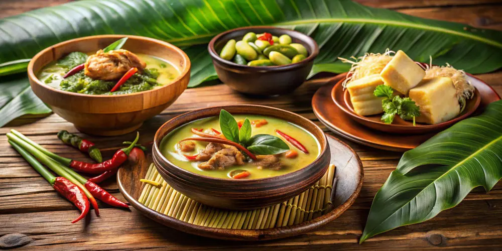 Authentic Sinigang Recipe – A Classic Filipino Soup 3 Authentic Filipino dishes, including Sinigang soup, with fresh vegetables, meat, and tropical ingredients served on a rustic wooden table