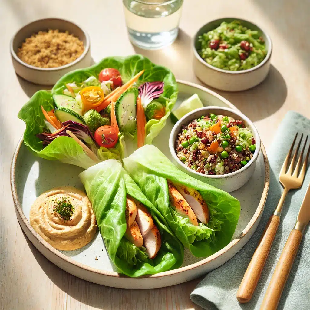 Healthy Lunch Ideas Without Bread: Healthy bread-free lunch plate with lettuce wraps, quinoa bowl, and roasted vegetables on a wooden table.