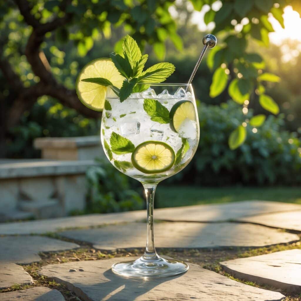 How to Make the Perfect Hugo Spritz Recipe 4 Hugo Spritz cocktail served in a large wine glass, garnished with fresh mint and lime slices, set outdoors on a stone surface with greenery in the background