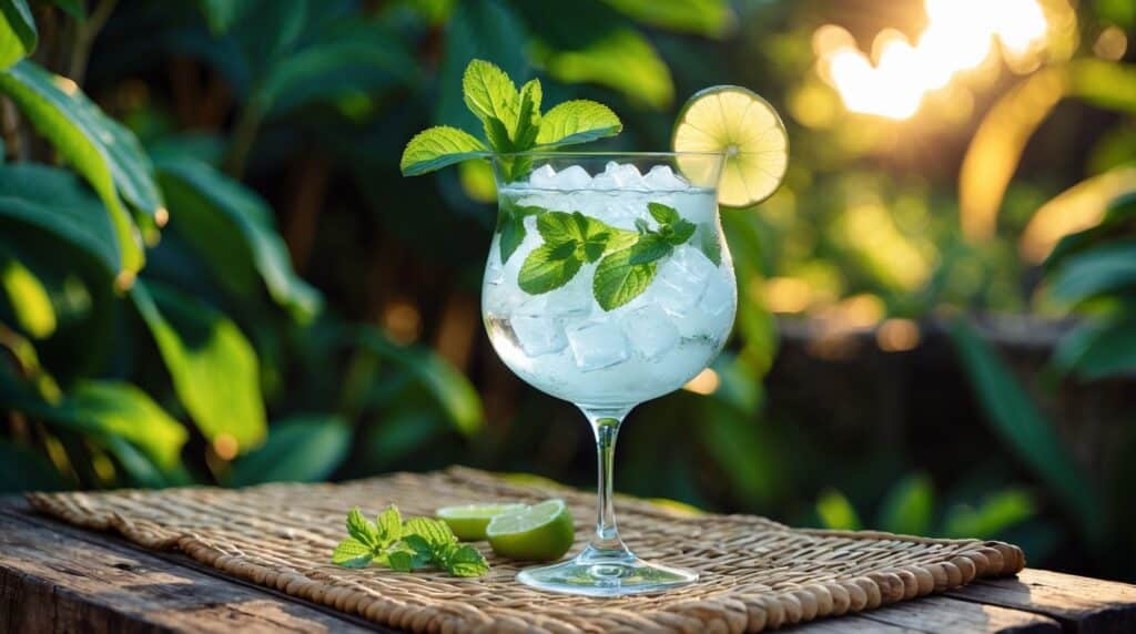 How to Make the Perfect Hugo Spritz Recipe 3 How to Make the Perfect Hugo Spritz Recipe: A glass of Hugo Spritz cocktail garnished with fresh mint and lime slices, served outdoors on a wicker mat with a vibrant green background.
