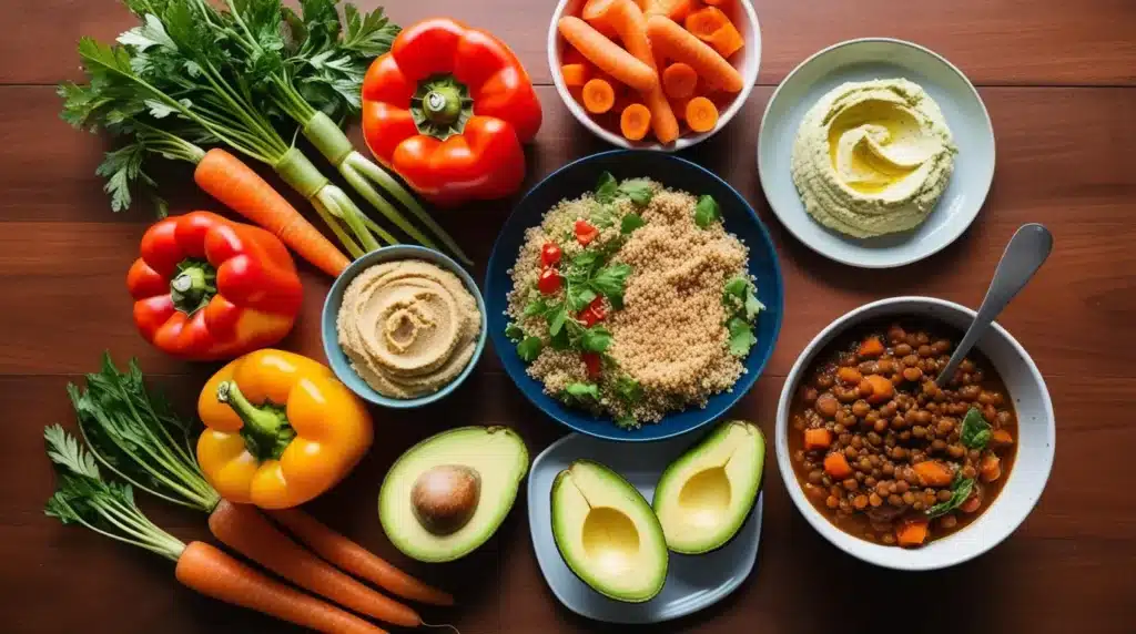 Most Commonly Eaten Vegan Foods: A variety of commonly eaten vegan foods, including fresh vegetables, quinoa, hummus, lentil stew, and avocado, arranged on a rustic wooden table.