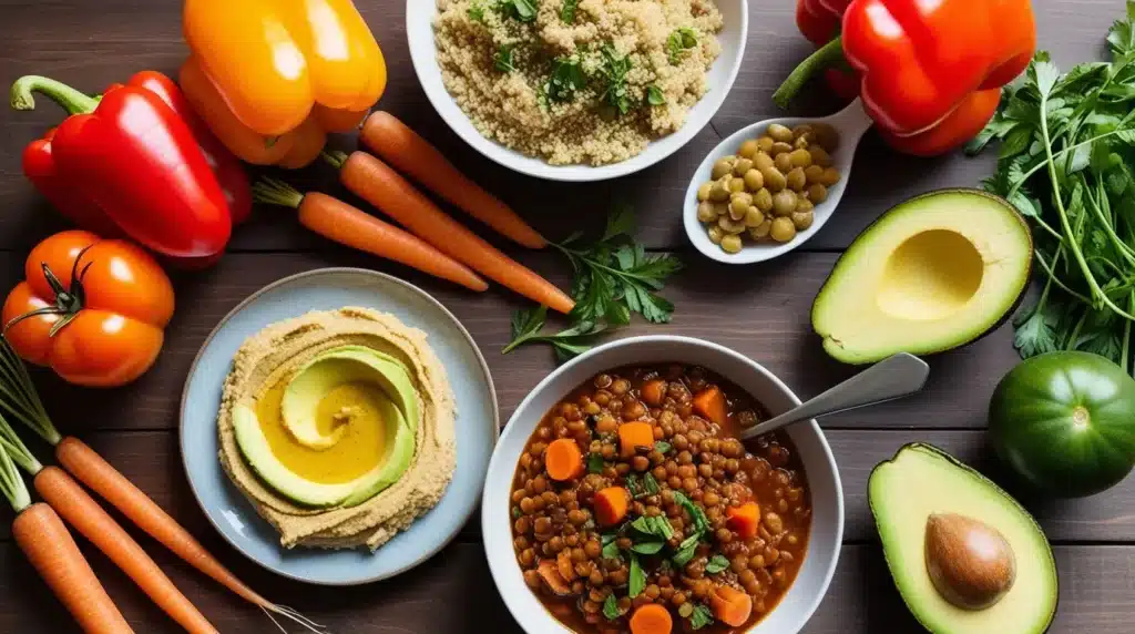 The Ultimate List of Most Commonly Eaten Vegan Foods 2 Most Commonly Eaten Vegan Foods: An assortment of popular vegan foods, featuring fresh vegetables, quinoa, hummus, lentil stew, and avocado, beautifully arranged on a rustic wooden table.