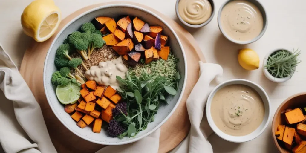 Vegan Food for Lunch: Delicious and Nutritious Choices 3 "Healthy vegan lunch bowl with roasted sweet potatoes, broccoli, greens, and tahini dressing served with fresh lime"
