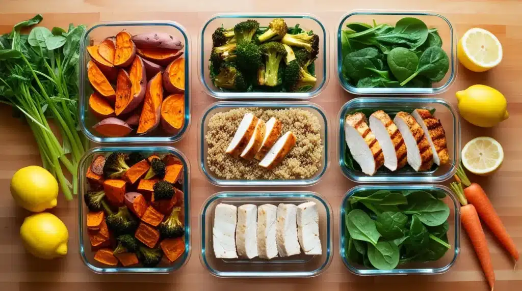 10 Healthy Lunches You’ll Love – Quick & Nutritious 2 Organized meal prep for 10 healthy lunches with roasted sweet potatoes, quinoa, grilled chicken, broccoli, spinach, and fresh lemons