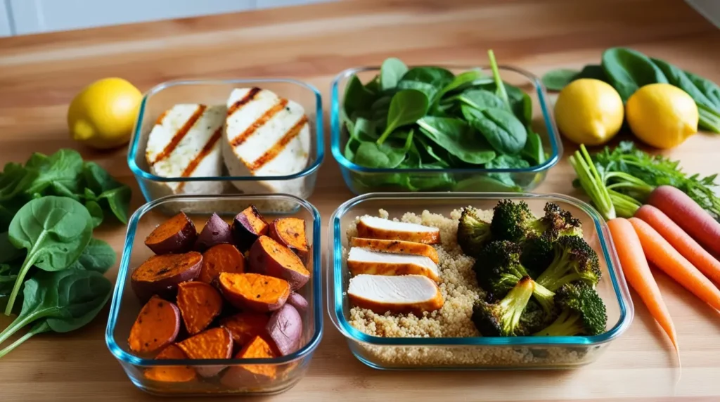 10 Healthy Lunches You’ll Love – Quick & Nutritious 3 "Healthy meal prep setup for balanced lunches with roasted sweet potatoes, quinoa, grilled chicken, broccoli, and fresh spinach."
