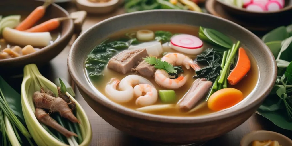 Authentic Sinigang Recipe – A Classic Filipino Soup 2 Traditional Filipino Sinigang soup served in a bowl with fresh ingredients like shrimp, pork, vegetables, and tamarind broth.