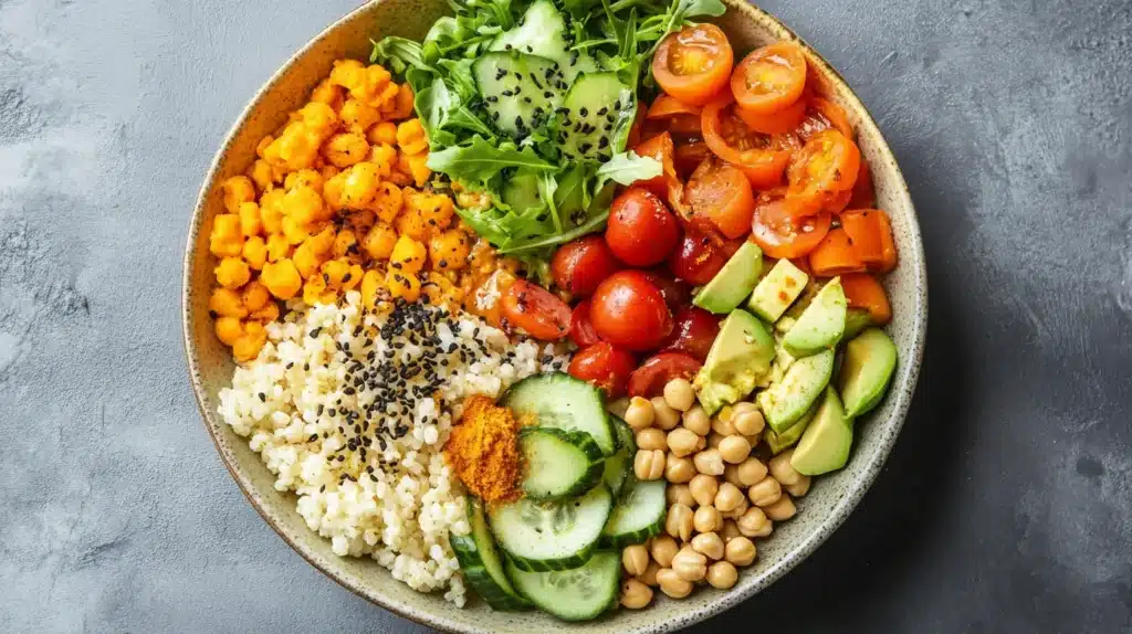 What do vegans eat for lunch? A colorful vegan Buddha bowl with chickpeas, rice, cherry tomatoes, cucumber, avocado, arugula, and black sesame seeds.